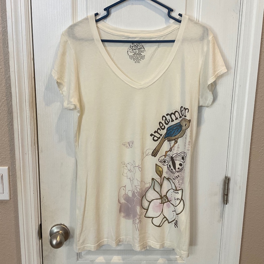 Trish Grantham Off White V Neck Tee Top Dreamer Bird Butterfly - XL - NWOT